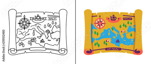 Vintage treasure map illustration with line art and color version