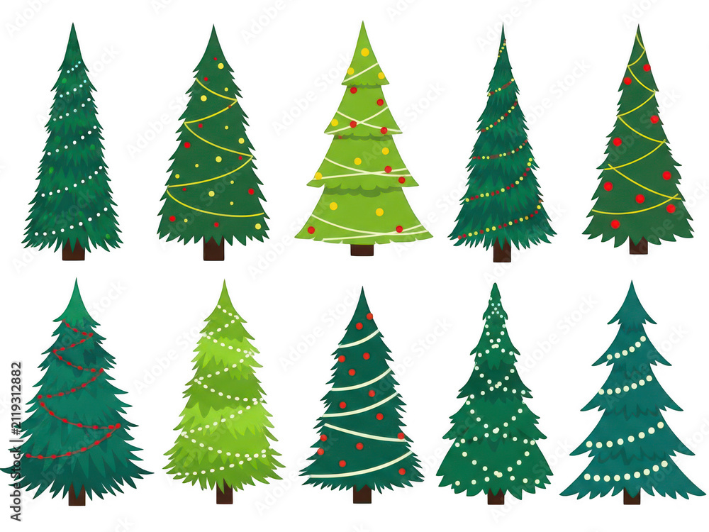 Fototapeta premium A collection of nine christmas trees with different ornaments