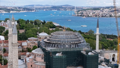 Принти на полотні Time-lapse aerial shot of Istanbul: clouds, Hagia Sophia Mosque, Galata Tower
