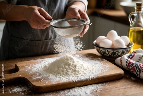 Woman baker sifts white flour through metal sieve onto wooden cutting board in home kitchen. Female person prepares pastry dough ingredients for homemade bread baking. Hands sprinkle fine powder over