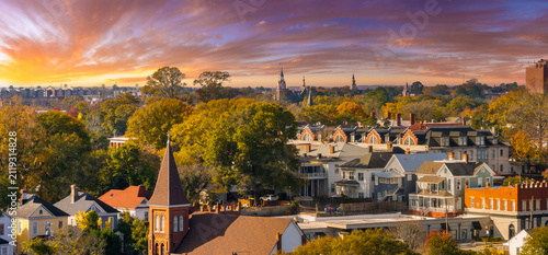Scenic city of Macon, Georgia highlighting historic district with vintage buildings, urban streets and preserved southern American architectural landscape.