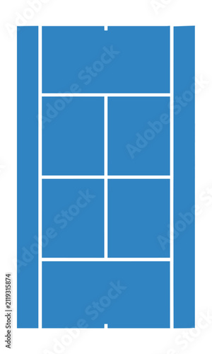 A perfectly symmetrical top-down view of a vibrant blue tennis court with bold white markings, presented in a clean flat design style. Sport concept