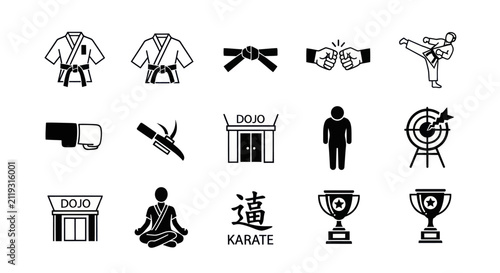 A collection of martial arts and combat sports icons including karate uniforms, belts, sparring, and training equipment