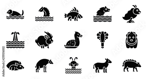 Collection of Stylized Animal Silhouettes and Mythical Creature Icons for Graphic Design and Branding