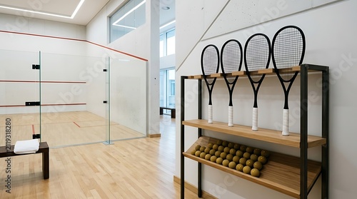 A modern indoor squash court with rackets and balls neatly arranged on a shelf