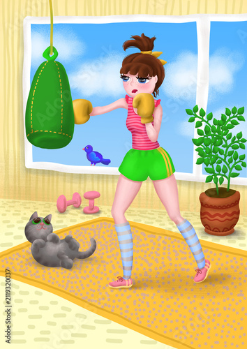 Cute Girl Boxing at Home – Colorful Cartoon Fitness Illustration