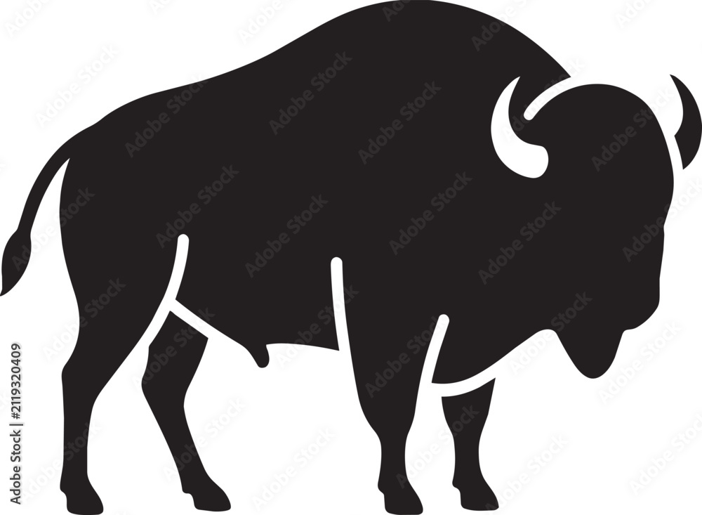 Fototapeta premium Bison silhouette standing against white background with horns and fur detail minimal clean graphic design concept