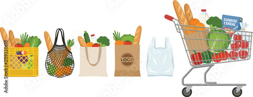 Set of grocery bags containers and shopping cart filled with fresh food vector illustration