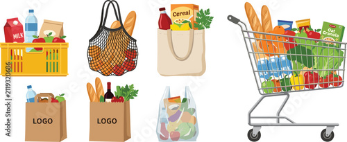 Set of grocery bags crates and full shopping cart with food vector illustration