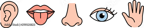 Foto Five human senses icons set, including ear, mouth, nose, eye and hand