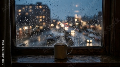 Hot steaming cup of coffee on rainy window sill overlooking blurred night city lights