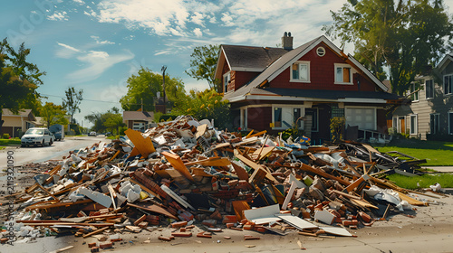 Debris piled on suburban street after house demolition