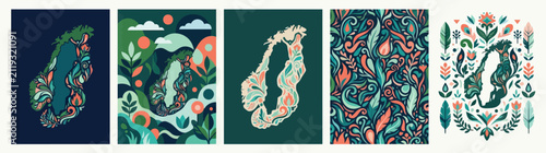 Foto Abstract Nordic Folk Art Collage: Nature Patterns, Landscapes, and Country Shape