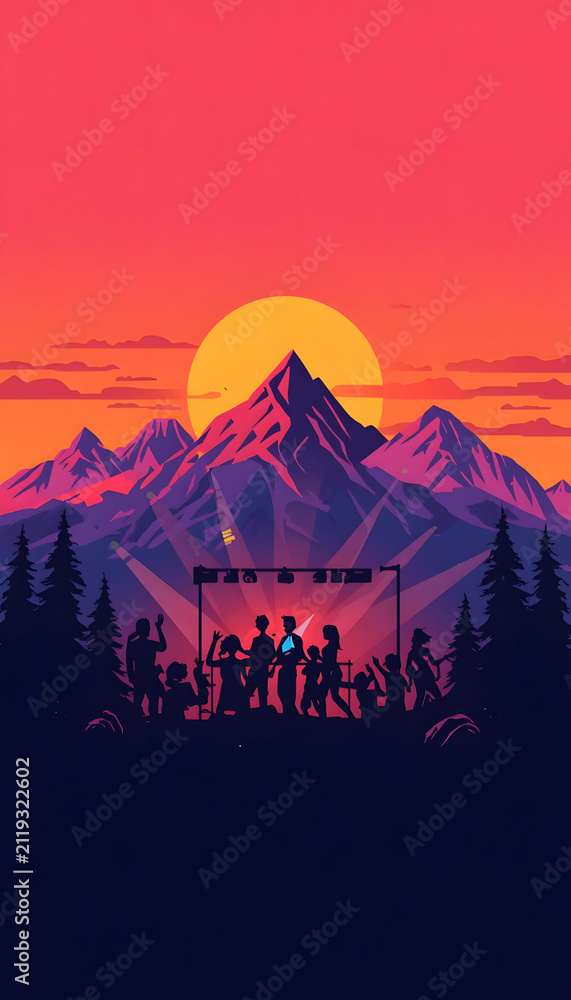 Naklejka premium People at a music festival in mountains. Silhouettes at sunset concert with vibrant sky.
