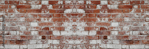 old brick wall, red and white colour, broken bricks, peeling plaster, vintage texture, background for banner, copy space