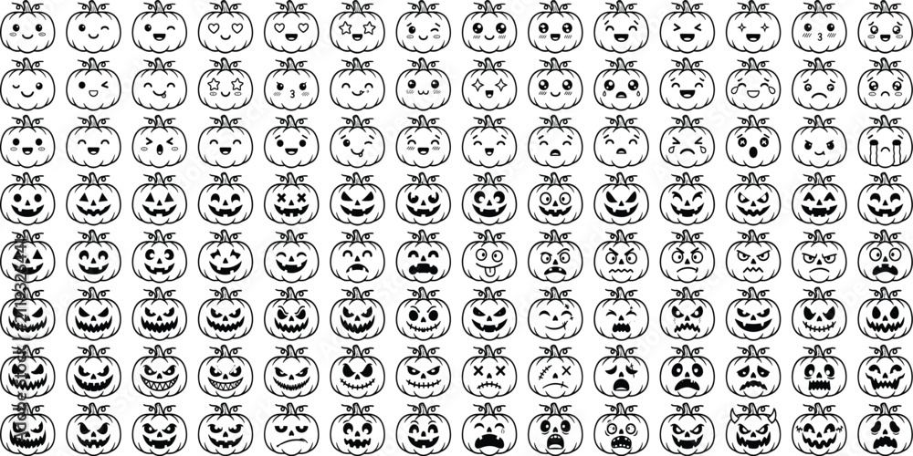 Fototapeta premium Cute Halloween Jack O Lantern Pumpkin Faces Seamless Pattern Bundle with Hand Drawn Kawaii Smiling Pumpkin Icons for Autumn Festival Textile Wrapping Paper and Vector Background Design
