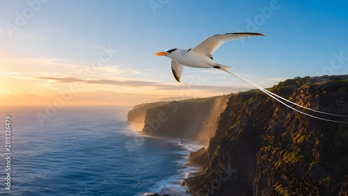 Seagull flying over the ocean near a rocky coastal cliff at sunset Ai Generated