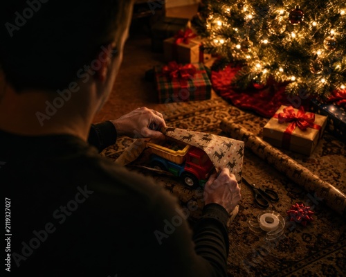 Man wrapping toy truck gift for child under glowing christmas tree lights