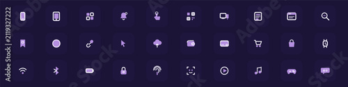 Mobile apps hybrid icon set of 30 with half filled half outlined style, smartphone tablet notification touch QR and app interface symbols vector collection for UI design