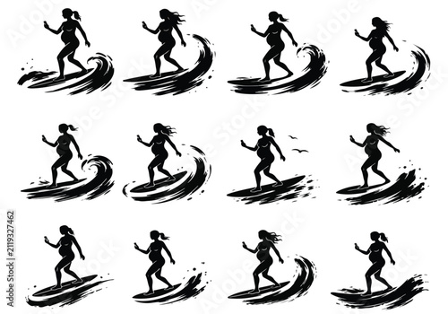 Surfing Action Silhouette Vector Bundle