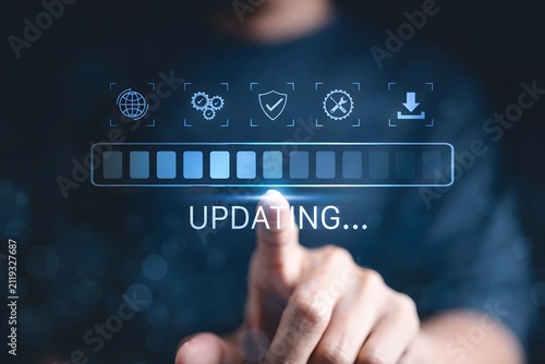 Update software application upgrade technology concept. Software update or Operating system, patch update, updating progress bar, Install app patch, new version, Improved security, program downloading