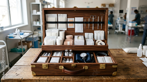 Medical First Aid Kit with Professional Equipment in Wooden Case