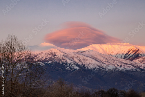 Sunset on a Bulgarian mountain in winter.