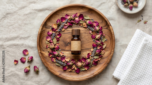 Essential oil bottle with dried rose petals and lavender on a wood tray