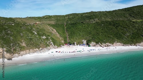 Aerial Drone View of White Sand Beach and Turquoise Water at Pontal do Atalaia, Arraial do Cabo, Brazil