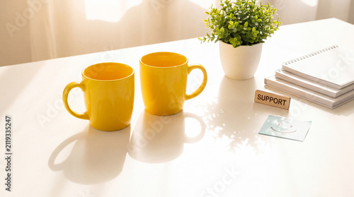 Two yellow mugs, a potted plant and notebooks on a sunlit white desk