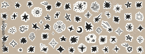 Cute paper cutout stars with grunge texture and hand-drawn elements, ideal for scrapbook collages, diary decoration, and vintage-inspired creative projects...