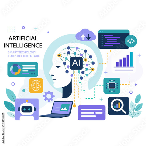 Artificial Intelligence Technology Concept with Neural Network Dashboard Analytics Robot Cloud Computing Interface