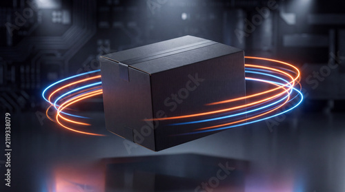 Floating matte black cube circled by orange and blue light trails