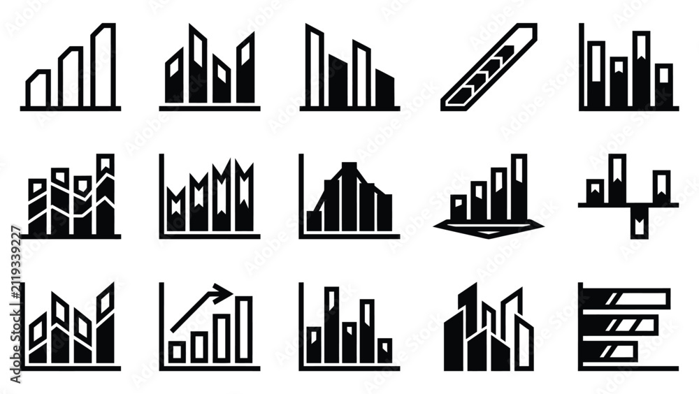 Obraz premium Set of black and white business graph icons representing various data visualization styles and financial performance metrics