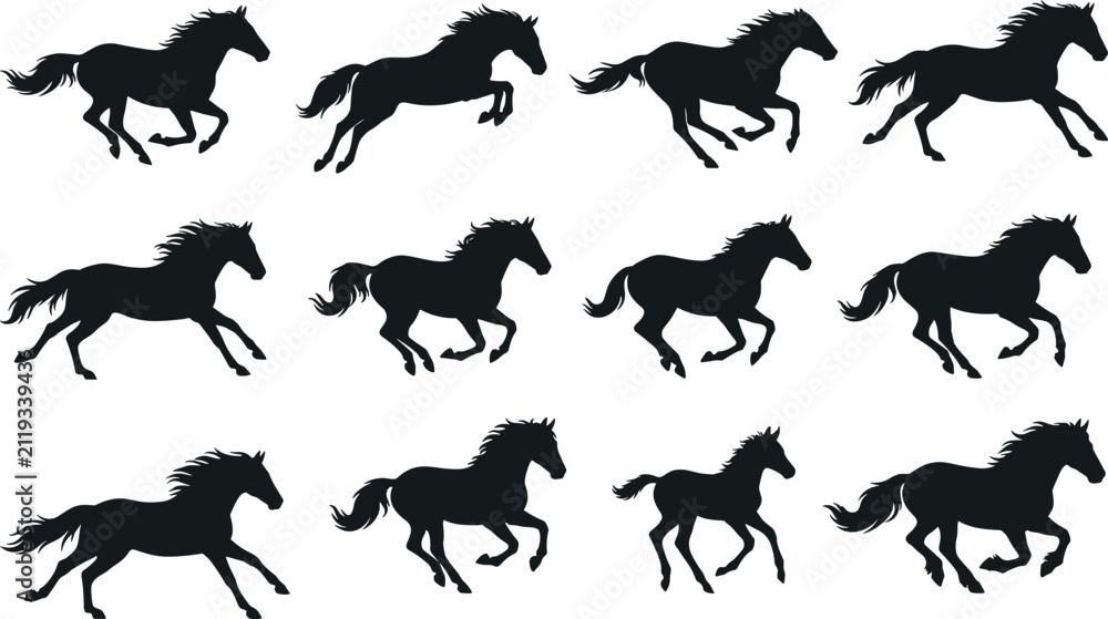 Fototapeta premium Horse Silhouette Collection Featuring Galloping Motion and Running Poses