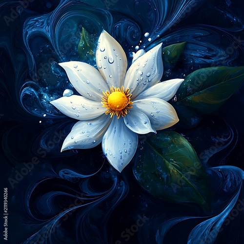 Abstract floral artwork white clematis blossom with water droplets