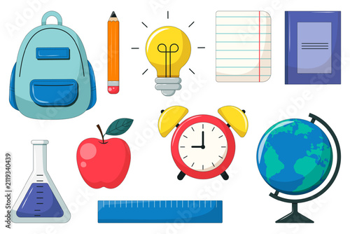 Back to school vector illustration set with backpack, lightbulb, notebook, pencil, apple, flask, alarm clock, ruler, and globe isolated on white background.