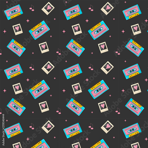 Retro 80s and 90s style seamless vector pattern with vintage audio tape cassettes, instant photo frames with heart, and musical notes on dark background. Synthwave and Y2K aesthetic design template fo