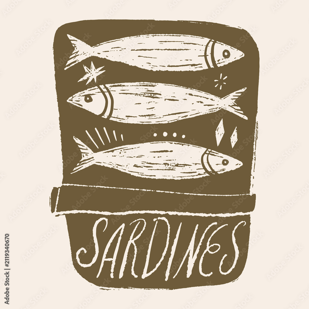 Fototapeta premium Doodle mediterranean canned sardines illustration with open tin can, fish trio, and la dolce vita lettering in artisanal linocut vector.