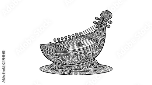 Foto Ornate traditional kecapi zither musical instrument detailed sketch