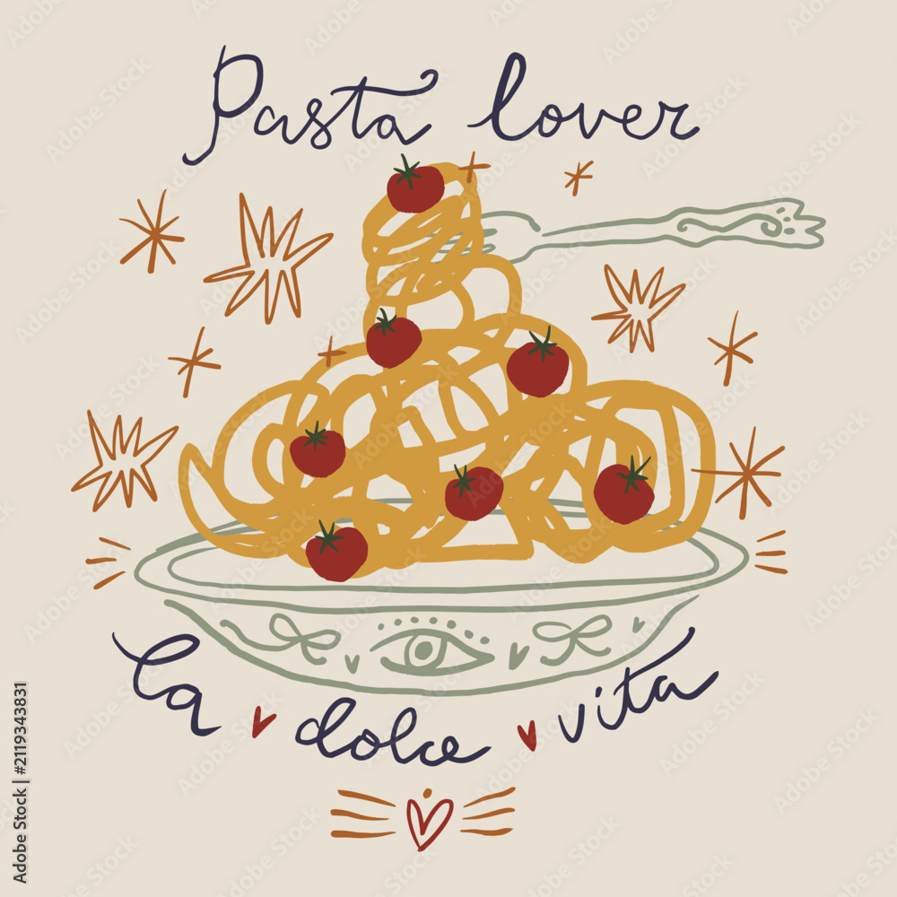 Fototapeta premium Mediterranean Italian food illustration featuring spaghetti pasta bowl, cherry tomatoes, mystical eye, celestial stars, and la dolce vita lettering in artisanal vector