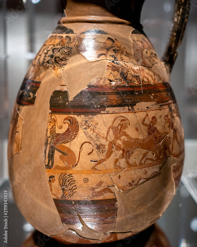 Protocorinthian Chigi Olpe, an ancient Greek vase with painted friezes of warriors, horsemen and mythical creatures, revealing the artistry of ancient greek pottery of 7th century BC.
