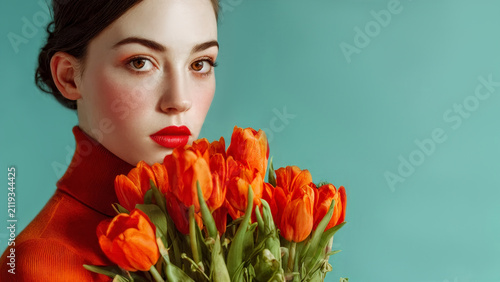 Woman with a bouquet of tulips.