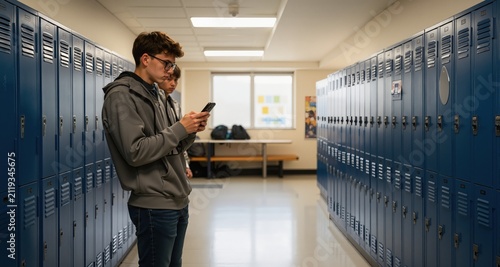 Student standing in school locker room, looking at phone.
