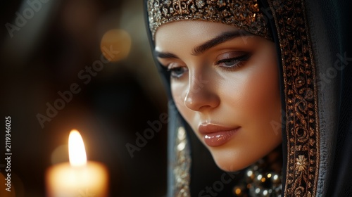 Serene woman in traditional head covering praying by candlelight, finding peace