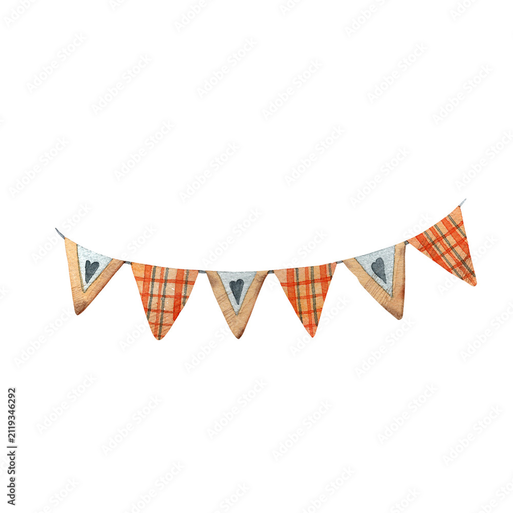Obraz premium Autumn Plaid Bunting Garland bunting garland with plaid and heart patterned flags in warm autumn tones. A cozy rustic decoration with natural watercolor texture, perfect for fall designs, Thanksgiving
