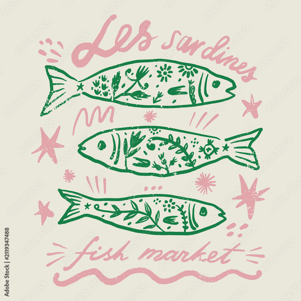 Fototapeta premium Doodle mediterranean fish market poster illustration hand-drawn sardines, celestial stars, and les sardines calligraphy lettering in artisanal vector