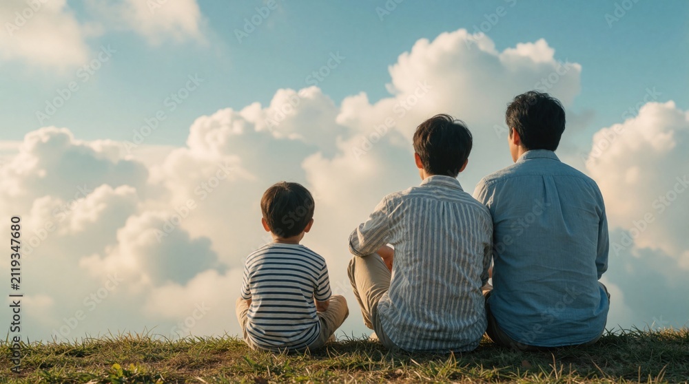 Fototapeta premium Father and son sit on grassy hill watching clouds. Family bonds and shared moments. Male figures gaze at sky contemplating future. Togetherness and paternal love.