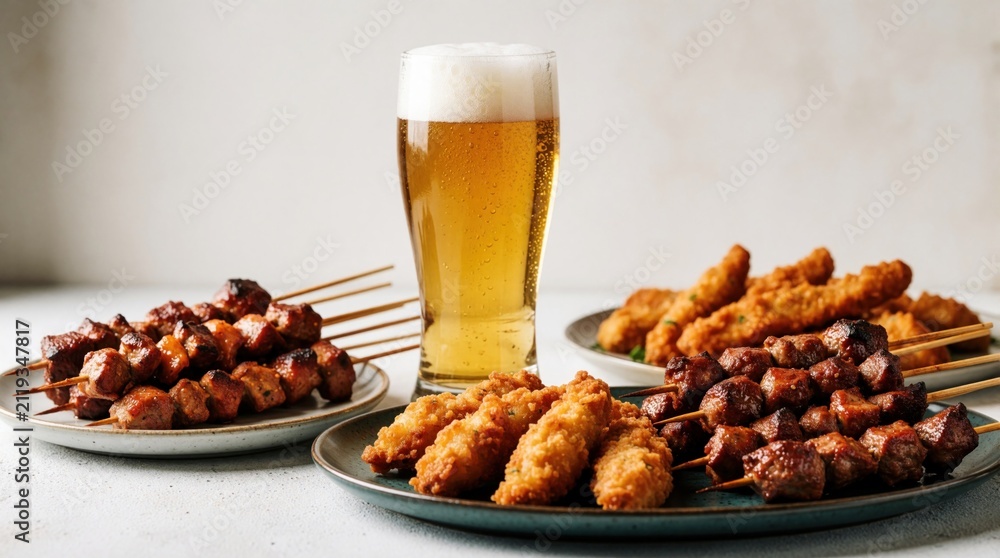 Obraz premium Tall glass of beer next to plates of grilled meat skewers and fried chicken strips. Appetizers served with ale on light background. Refreshing drink with savory snacks.
