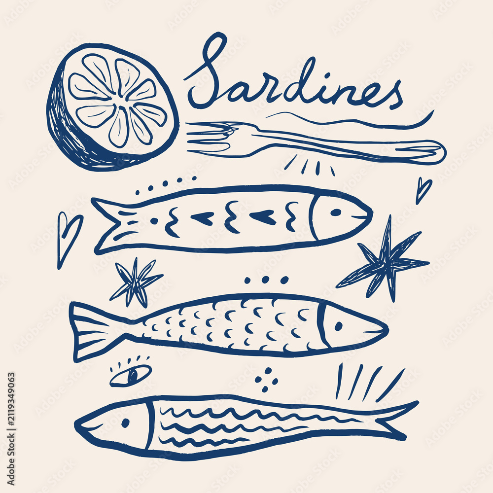 Fototapeta premium Doodle mediterranean canned sardines illustration with open tin can, fish trio, and la dolce vita lettering in artisanal linocut vector.